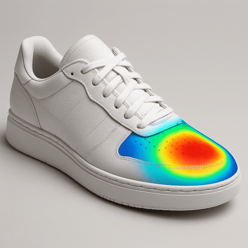 Sneaker with heatmap overlay showing fit analysis hotspots